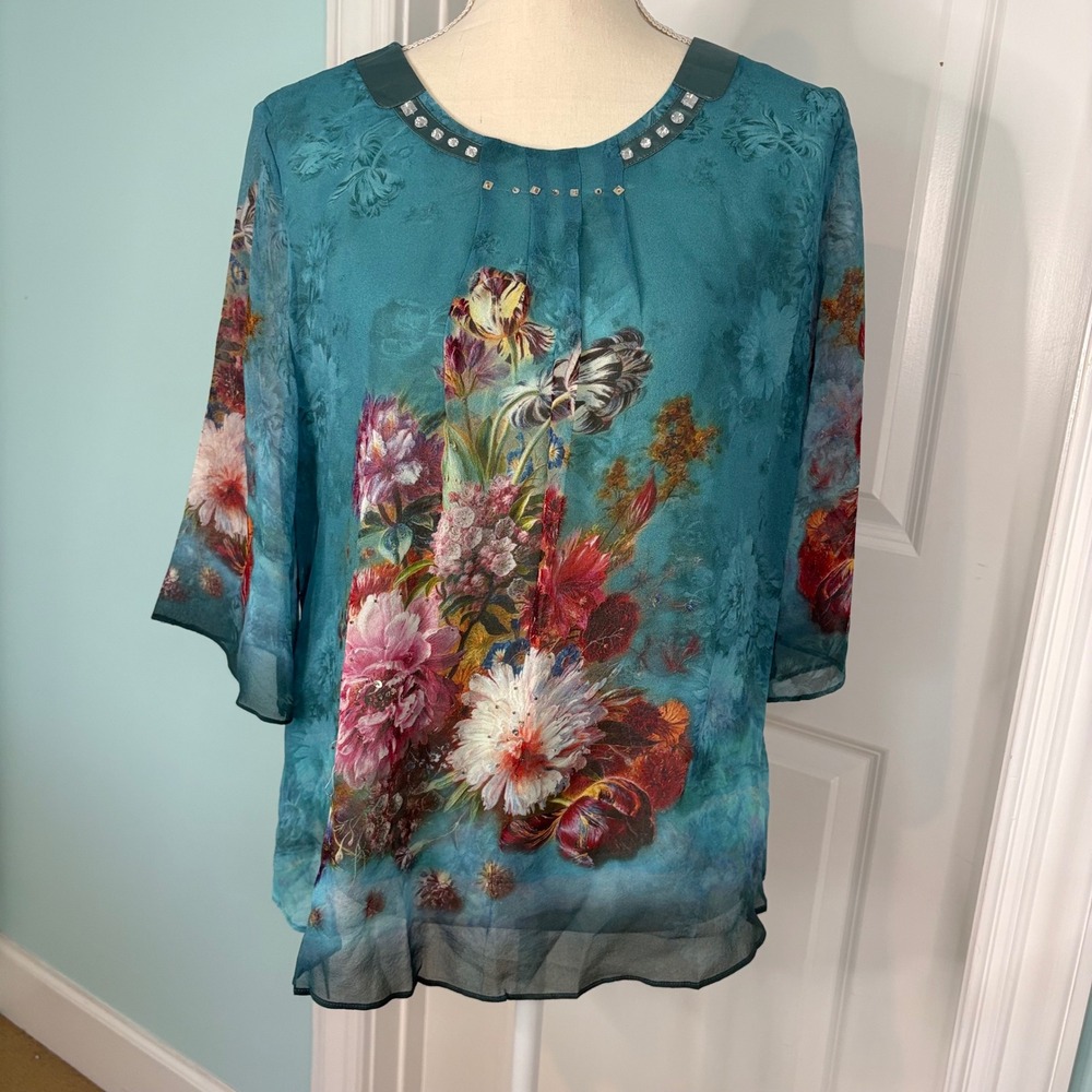 Mulberry Silk Floral Boho Blouse XL Green Beaded Embellished 3/4 Sleeve